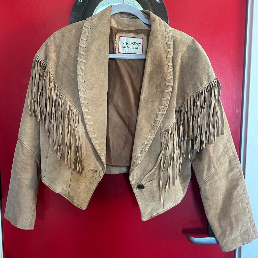 On Trend- Cropped Tan/Camel Fringe Suede Jacket